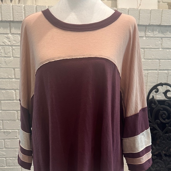 SO Tops - Women's Colorblock Long Sleeve Top in Burgundy and Blush